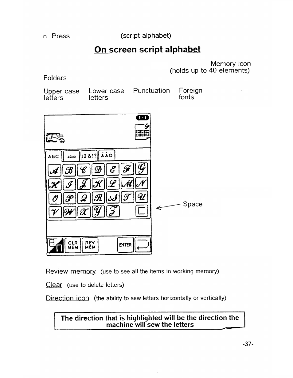 On screen script alphabet, Tnrnna matm abc, Cir mem | Rev mem, Enter | SINGER XL1000-WORKBOOK Quantum User Manual | Page 40 / 68