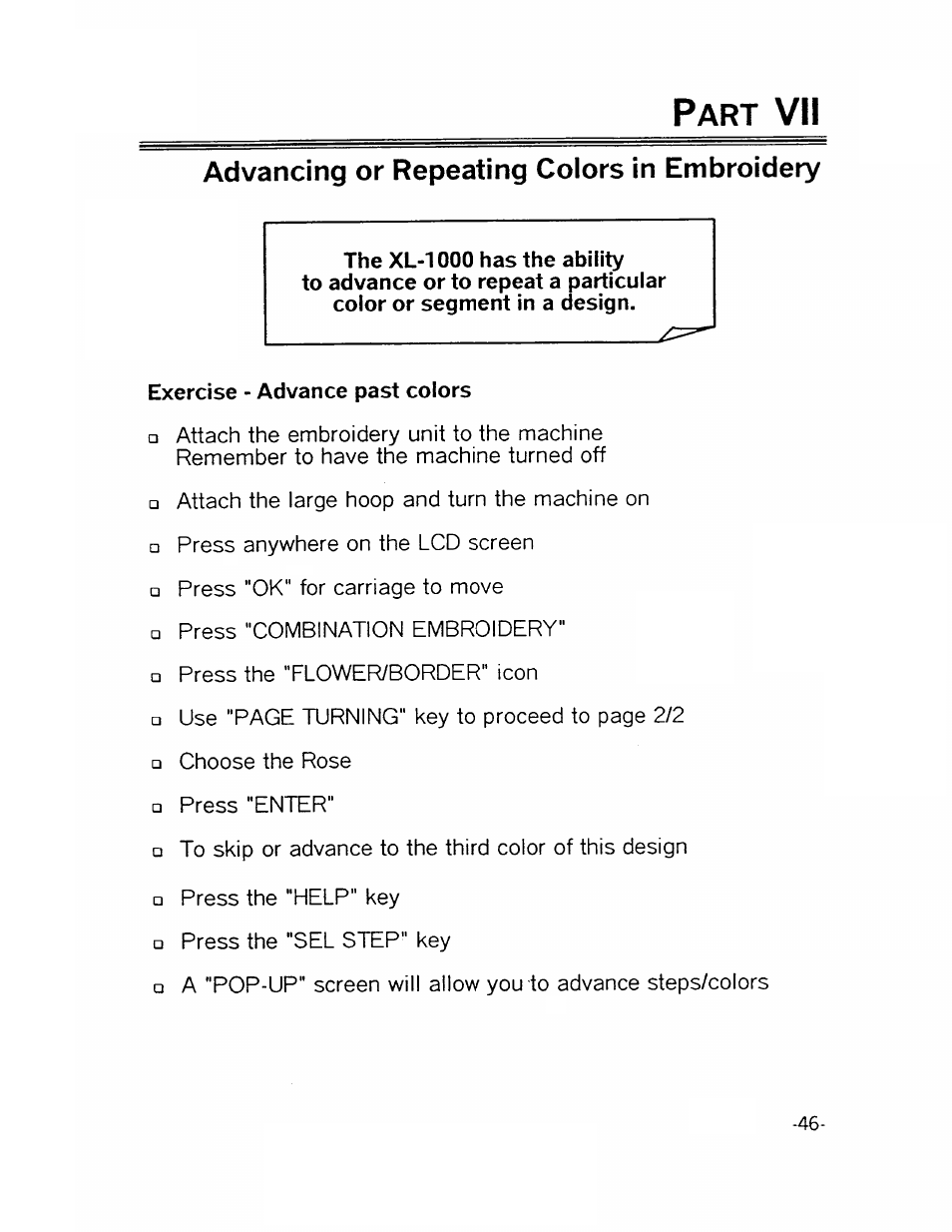 Part vi i, Advancing or repeating colors in embroidery, Exercise - advance past colors | Vi i | SINGER XL1000-WORKBOOK Quantum User Manual | Page 49 / 68