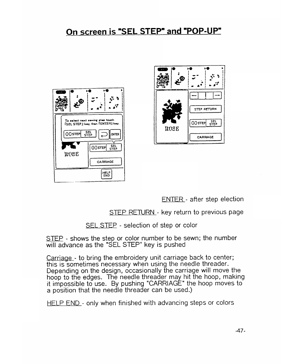 On screen is "sel step" and "pop-up | SINGER XL1000-WORKBOOK Quantum User Manual | Page 50 / 68