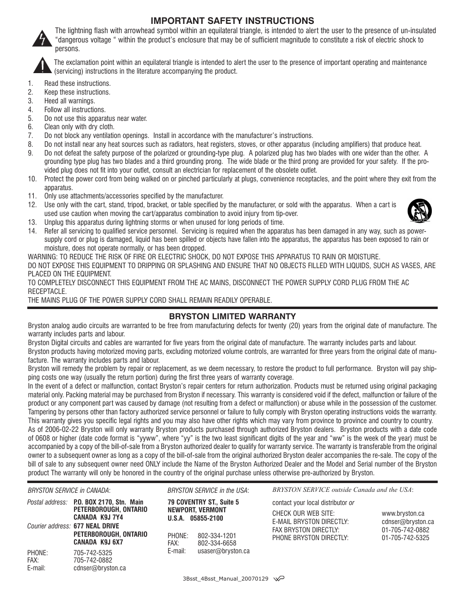 Important safety instructions | Bryston 4BSST User Manual | Page 8 / 8