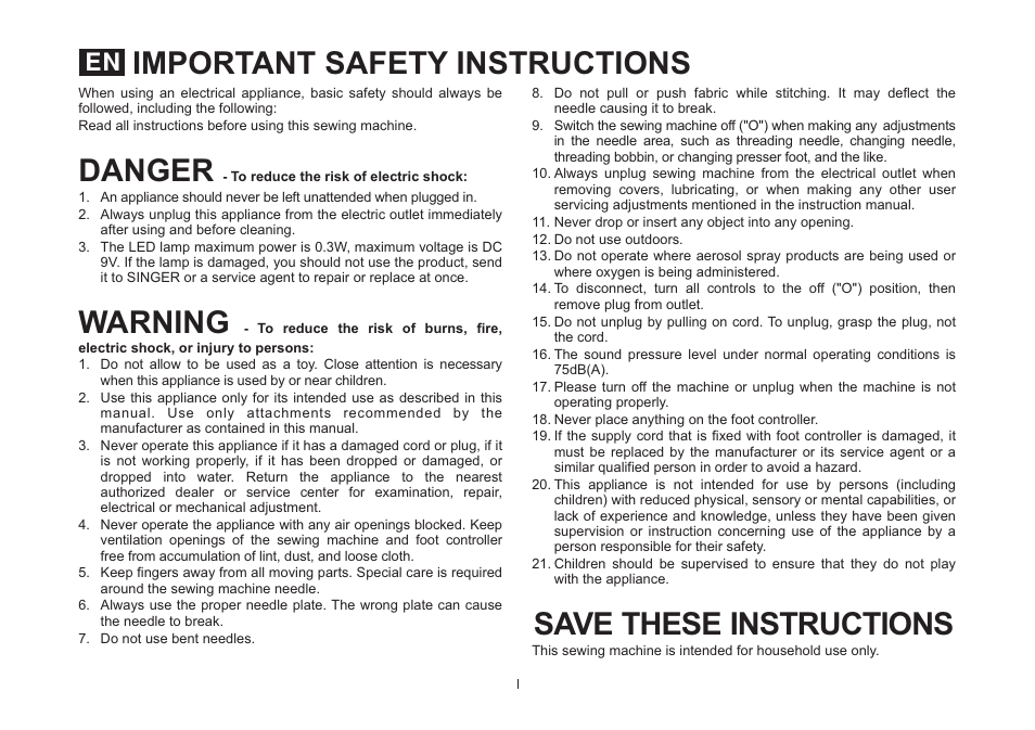 Important safety instructions, Danger save these instructions, Warning | SINGER 850SCH SCHOLASTIC COMBO User Manual | Page 3 / 230