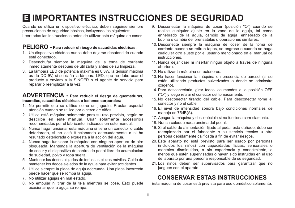 Importantes instrucciones de seguridad | SINGER 850SCH SCHOLASTIC COMBO User Manual | Page 4 / 230