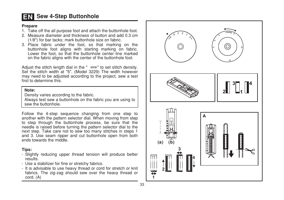 Sew 4-step buttonhole | SINGER 3229 SIMPLE User Manual | Page 40 / 62
