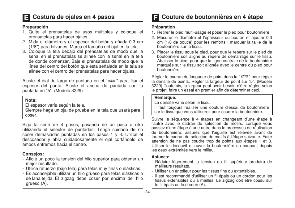 Costura de ojales en 4 pasos, Couture de boutonnières en 4 étape | SINGER 3229 SIMPLE User Manual | Page 41 / 62