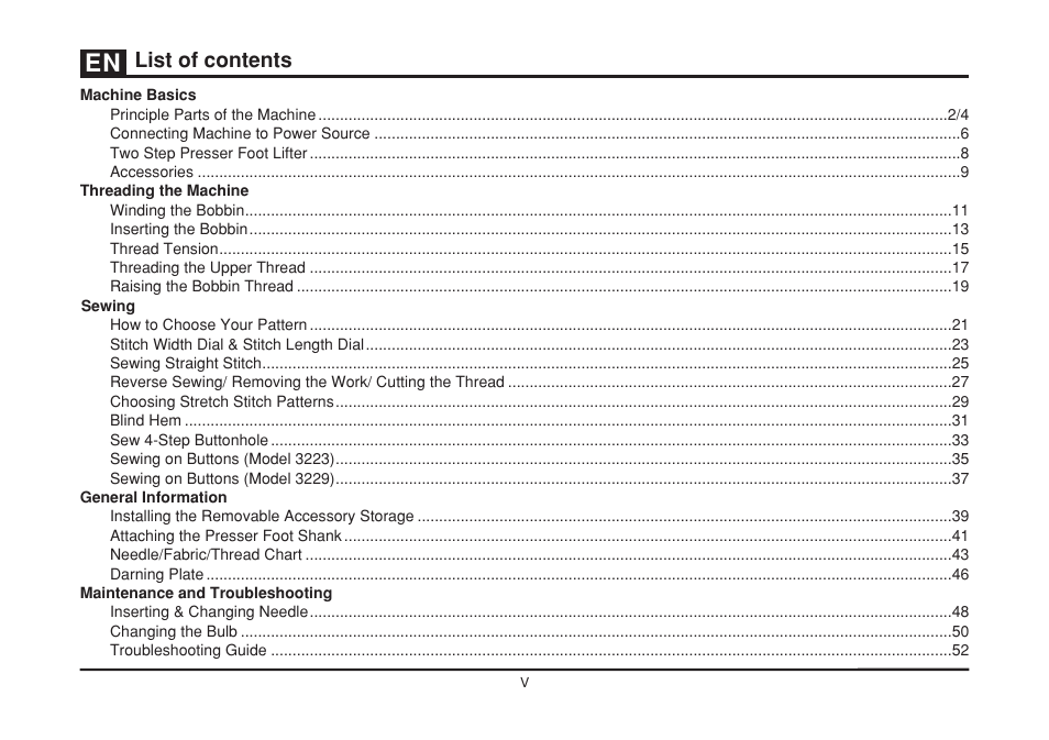 List of contents | SINGER 3229 SIMPLE User Manual | Page 6 / 62