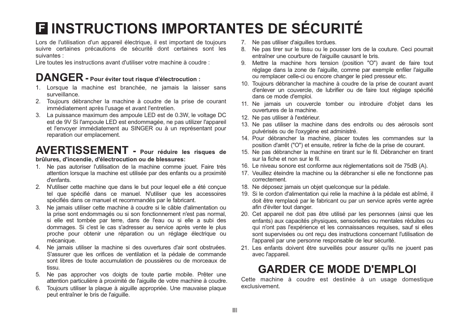 Instructions importantes de sécurité, Danger avertissement garder ce mode d'emploi | SINGER 44S CLASSIC HEAVY DUTY User Manual | Page 4 / 65