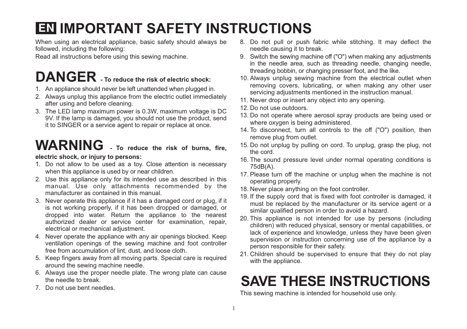 Important safety instructions, Danger save these instructions, Warning | SINGER 4432 HEAVY DUTY Instruction Manual User Manual | Page 2 / 66