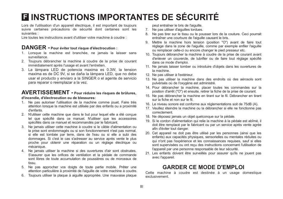 Instructions importantes de sécurité, Danger - avertissement - garder ce mode d'emploi | SINGER 4432 HEAVY DUTY Instruction Manual User Manual | Page 4 / 66
