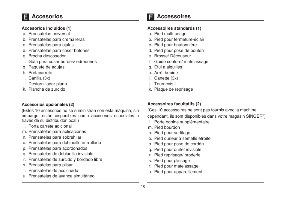 Accesorios accessoires | SINGER 2273 ESTEEM II Instruction Manual User Manual | Page 17 / 62