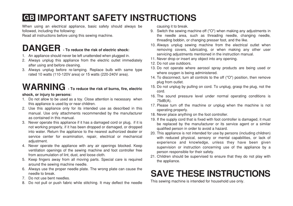 Danger save these instructions, Warning, Important safety instructions | SINGER 2273 ESTEEM II Instruction Manual User Manual | Page 2 / 62