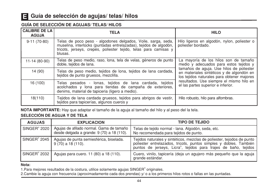 Guía de selección de agujas/ telas/ hilos | SINGER 2273 ESTEEM II Instruction Manual User Manual | Page 51 / 62