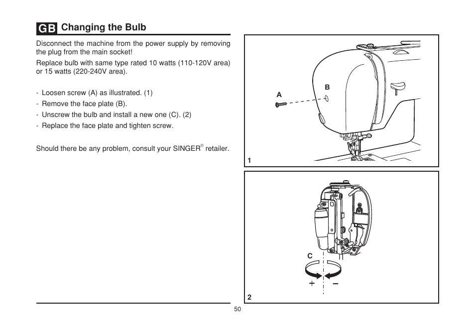 Changing the bulb | SINGER 2273 ESTEEM II Instruction Manual User Manual | Page 57 / 62