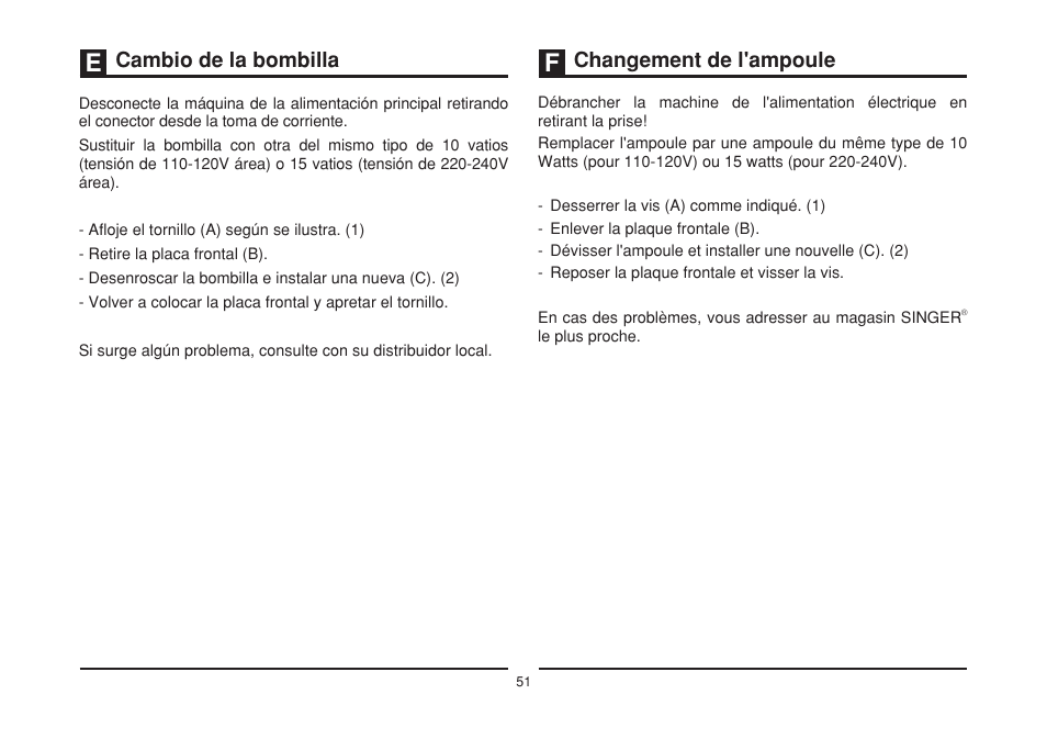 Cambio de la bombilla changement de l'ampoule | SINGER 2273 ESTEEM II Instruction Manual User Manual | Page 58 / 62