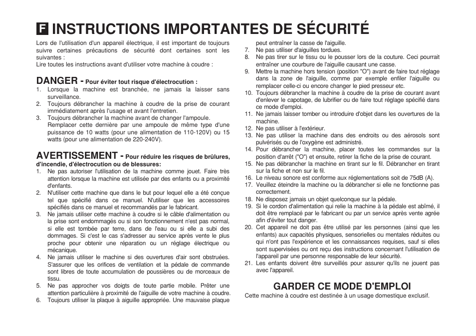 Instructions importantes de sécurité, Danger - avertissement, Garder ce mode d'emploi | SINGER 2277 TRADITION Instruction Manual User Manual | Page 4 / 62