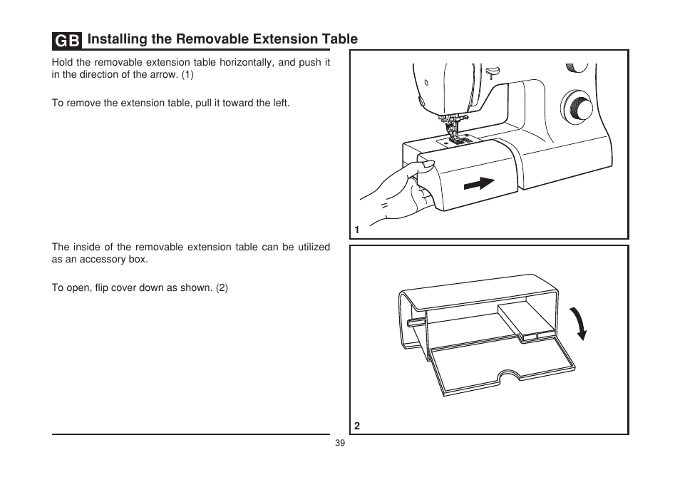 Installing the removable extension table | SINGER 2277 TRADITION Instruction Manual User Manual | Page 46 / 62