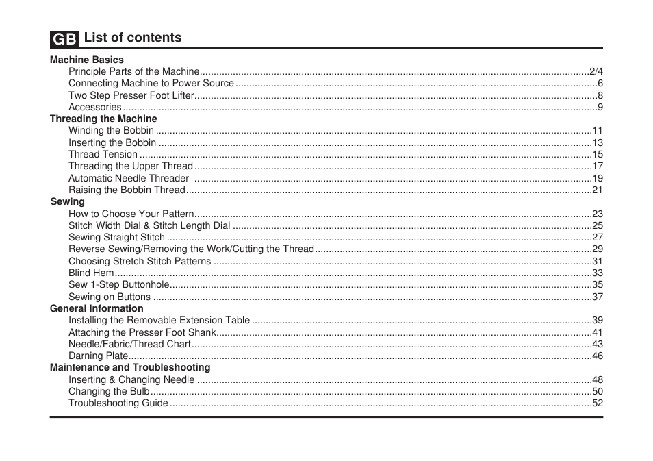 List of contents | SINGER 2277 TRADITION Instruction Manual User Manual | Page 6 / 62