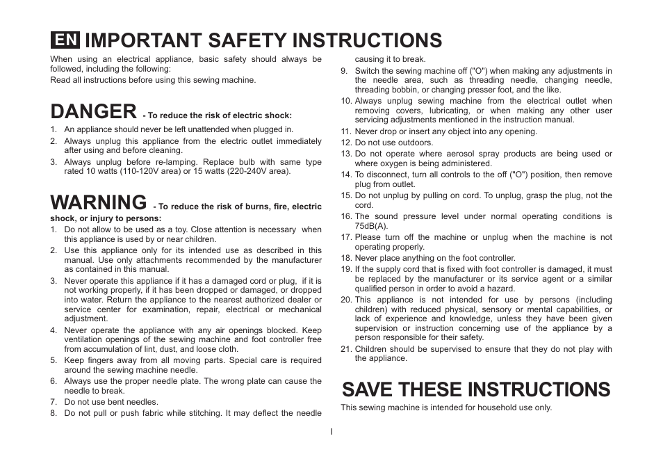 Danger save these instructions, Warning, Important safety instructions | SINGER 3323 TALENT Instruction Manual User Manual | Page 2 / 70