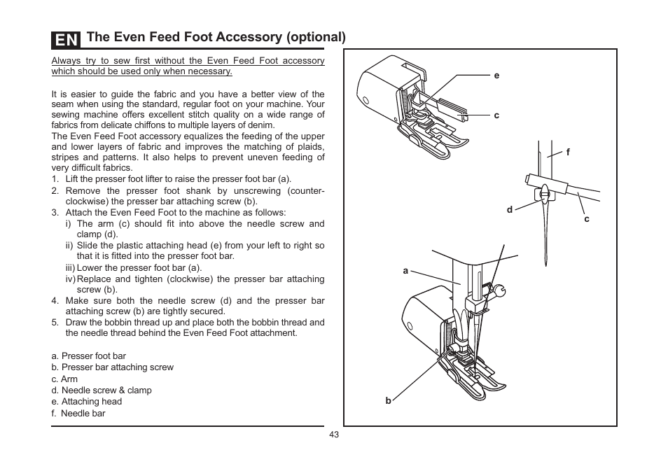 The even feed foot accessory ( ptional) o | SINGER 3323 TALENT Instruction Manual User Manual | Page 50 / 70