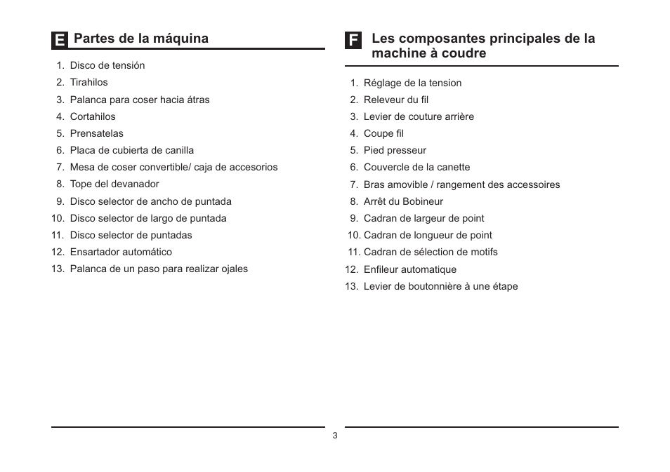 Partes de la máquina, Les composantes principales de la machine à coudre | SINGER 3323S TALENT Instruction Manual User Manual | Page 10 / 70