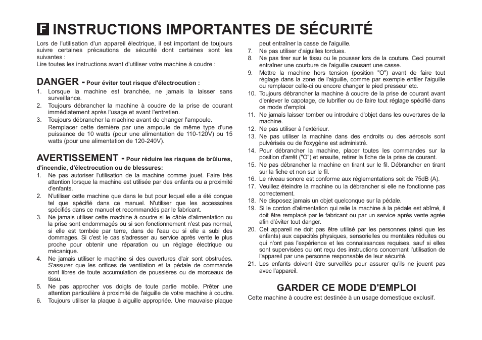 Instructions importantes de sécurité, Danger - avertissement - garder ce mode d'emploi | SINGER 3323S TALENT Instruction Manual User Manual | Page 4 / 70