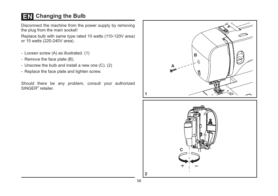 Changing the bulb | SINGER 3323S TALENT Instruction Manual User Manual | Page 65 / 70
