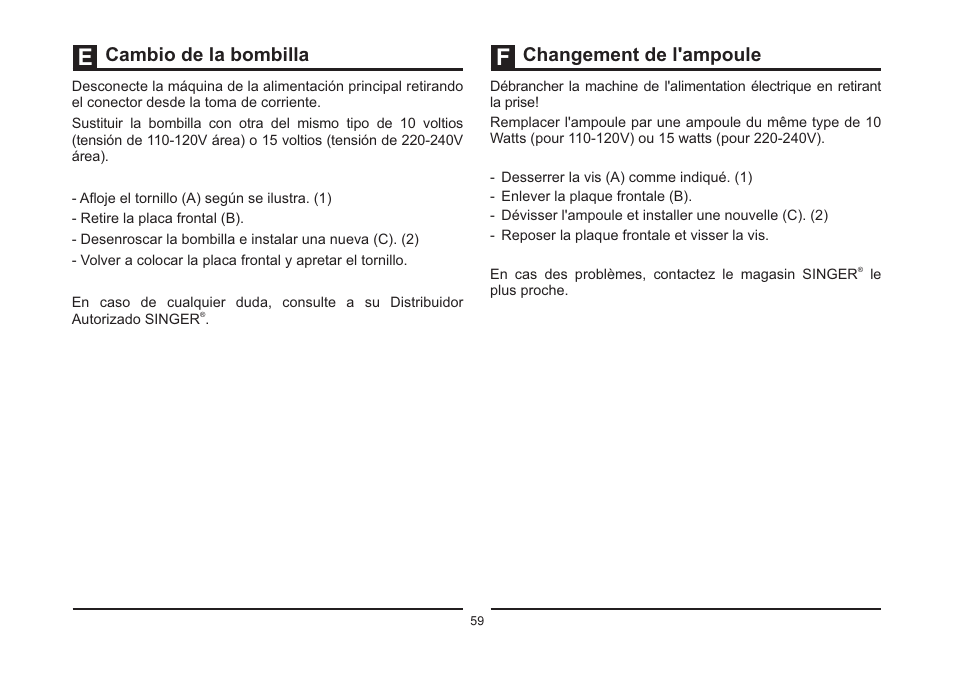 Cambio de la bombilla changement de l'ampoule | SINGER 3323S TALENT Instruction Manual User Manual | Page 66 / 70