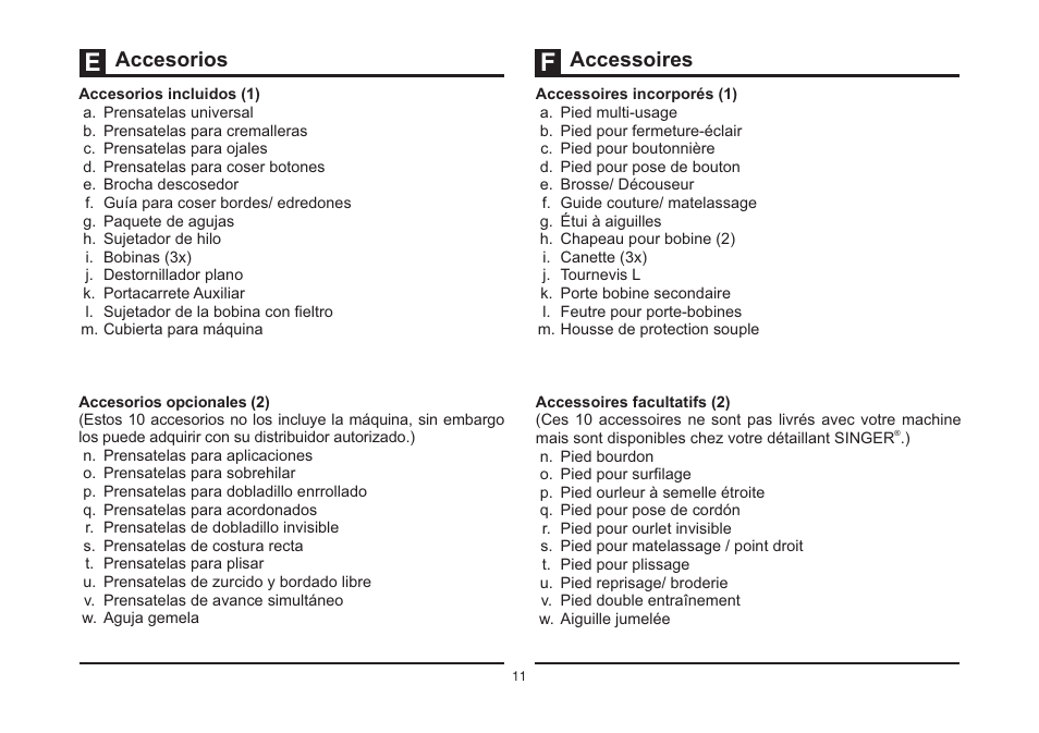 Accesorios accessoires | SINGER 5532 HEAVY DUTY STUDIO User Manual | Page 18 / 67