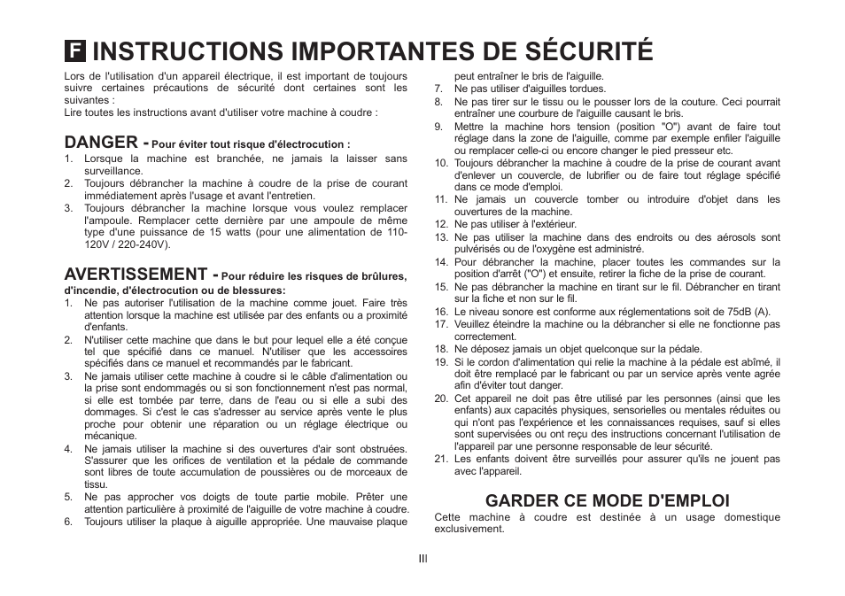 Instructions importantes de sécurité, Danger - avertissement - garder ce mode d'emploi | SINGER 5532 HEAVY DUTY STUDIO User Manual | Page 4 / 67