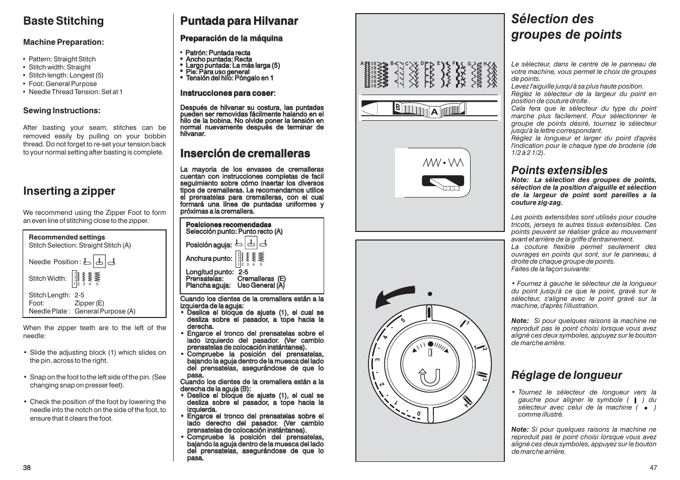 Sélection des groupes de points, Points extensibles réglage de longueur, Baste stitching inserting a zipper | Puntada para hilvanar, Inserción de cremalleras | SINGER CG-590 COMMERCIAL GRADE User Manual | Page 40 / 44