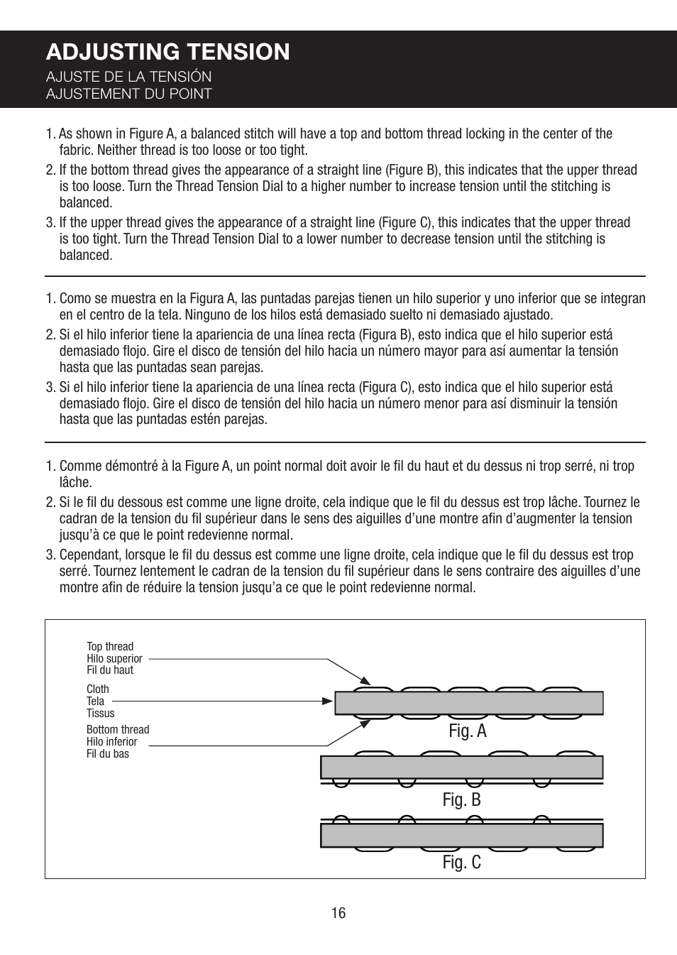 Adjusting tension, Fig. a fig. b fig. c | SINGER PIXIE User Manual | Page 16 / 24