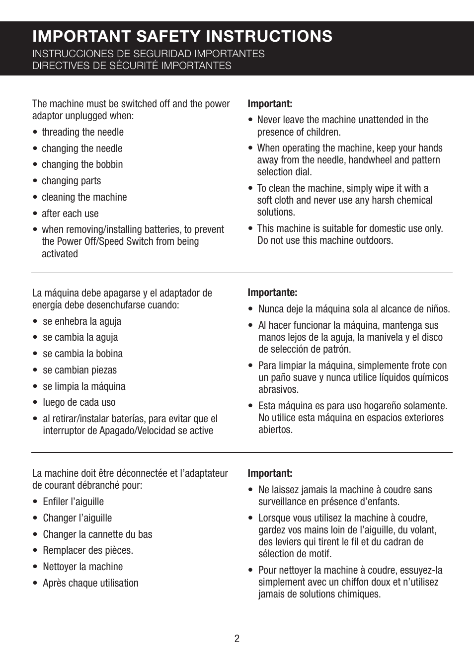 Important safety instructions | SINGER PIXIE User Manual | Page 2 / 24