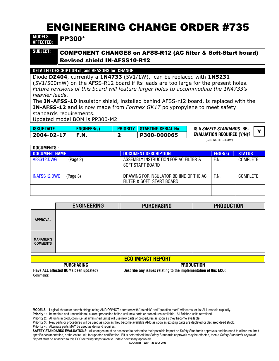 Engineering change order #735, Pp300, Board) revised shield in-afss10-r12 | Engineering purchasing production, Eco impact report | Bryston 60 User Manual | Page 10 / 12