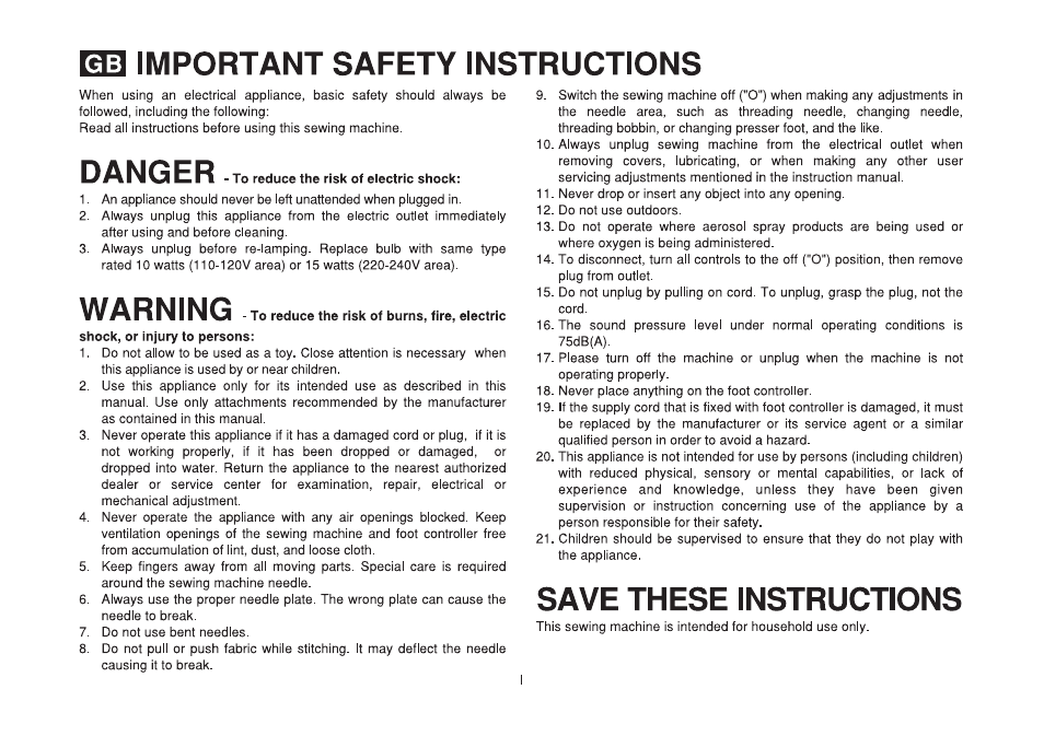 Important safety instructions, Danger, Warning | Save these instructions | SINGER 2250 TRADITION User Manual | Page 2 / 58