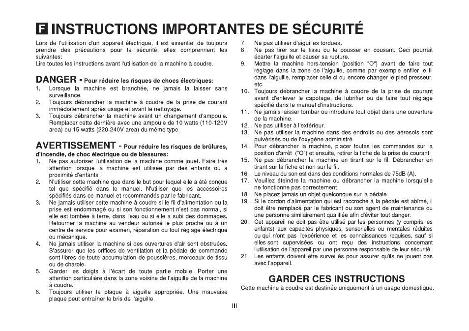 Garder ces instructions, B instructions importantes de sécurité, Danger | Avertissement | SINGER 2250 TRADITION User Manual | Page 4 / 58