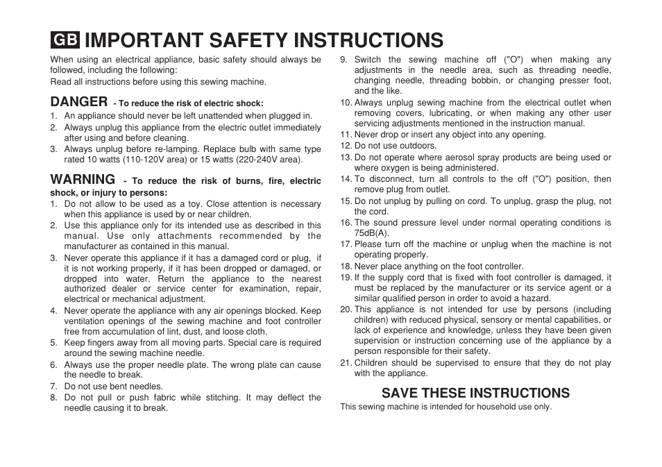 Important safety instructions, Danger save these instructions, Warning | SINGER 2263 SIMPLE Instruction Manual User Manual | Page 2 / 62