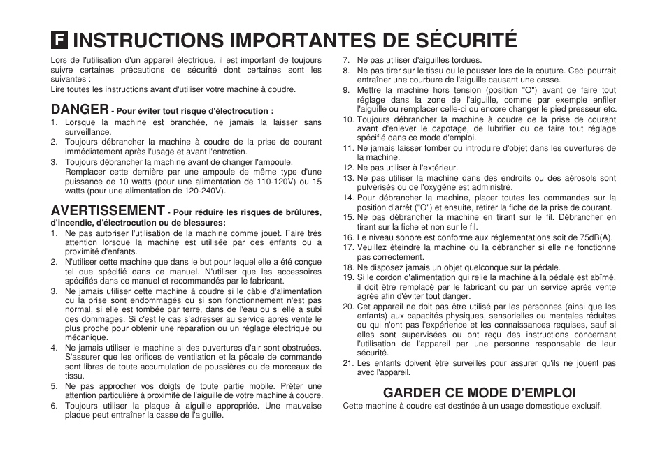 Instructions importantes de sécurité, Danger avertissement, Garder ce mode d'emploi | SINGER 2263 SIMPLE Instruction Manual User Manual | Page 4 / 62