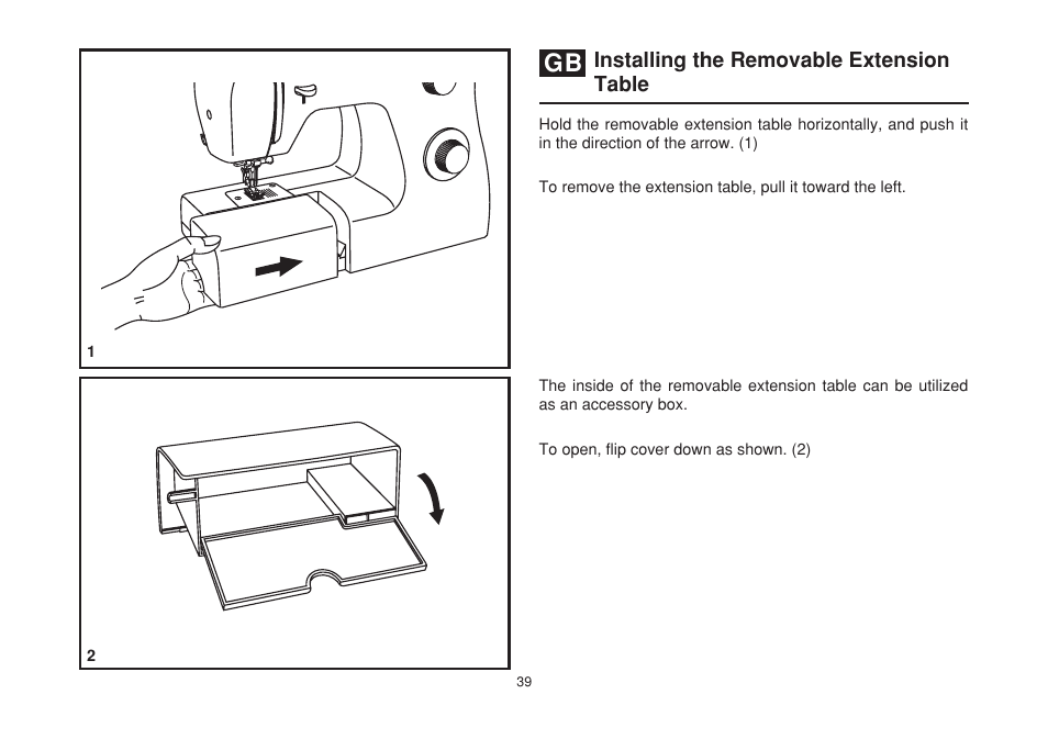 Installing the removable extension table | SINGER 2263 SIMPLE Instruction Manual User Manual | Page 46 / 62
