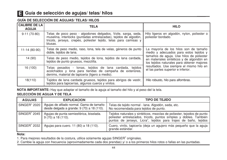 Guía de selección de agujas/ telas/ hilos | SINGER 2263 SIMPLE Instruction Manual User Manual | Page 51 / 62
