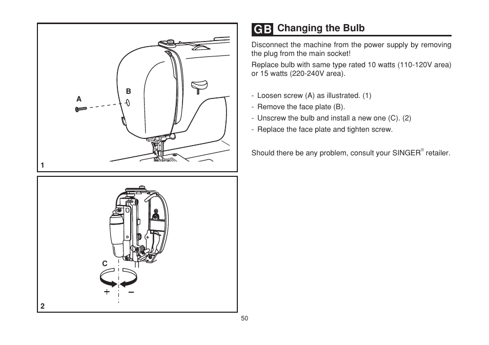 Changing the bulb | SINGER 2263 SIMPLE Instruction Manual User Manual | Page 57 / 62