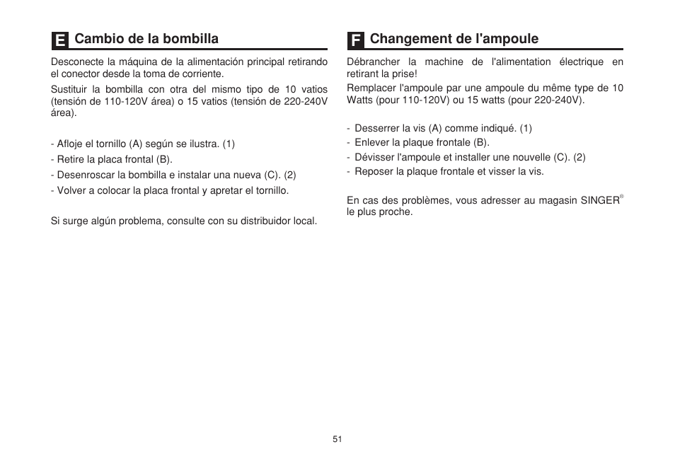 Cambio de la bombilla changement de l'ampoule | SINGER 2263 SIMPLE Instruction Manual User Manual | Page 58 / 62