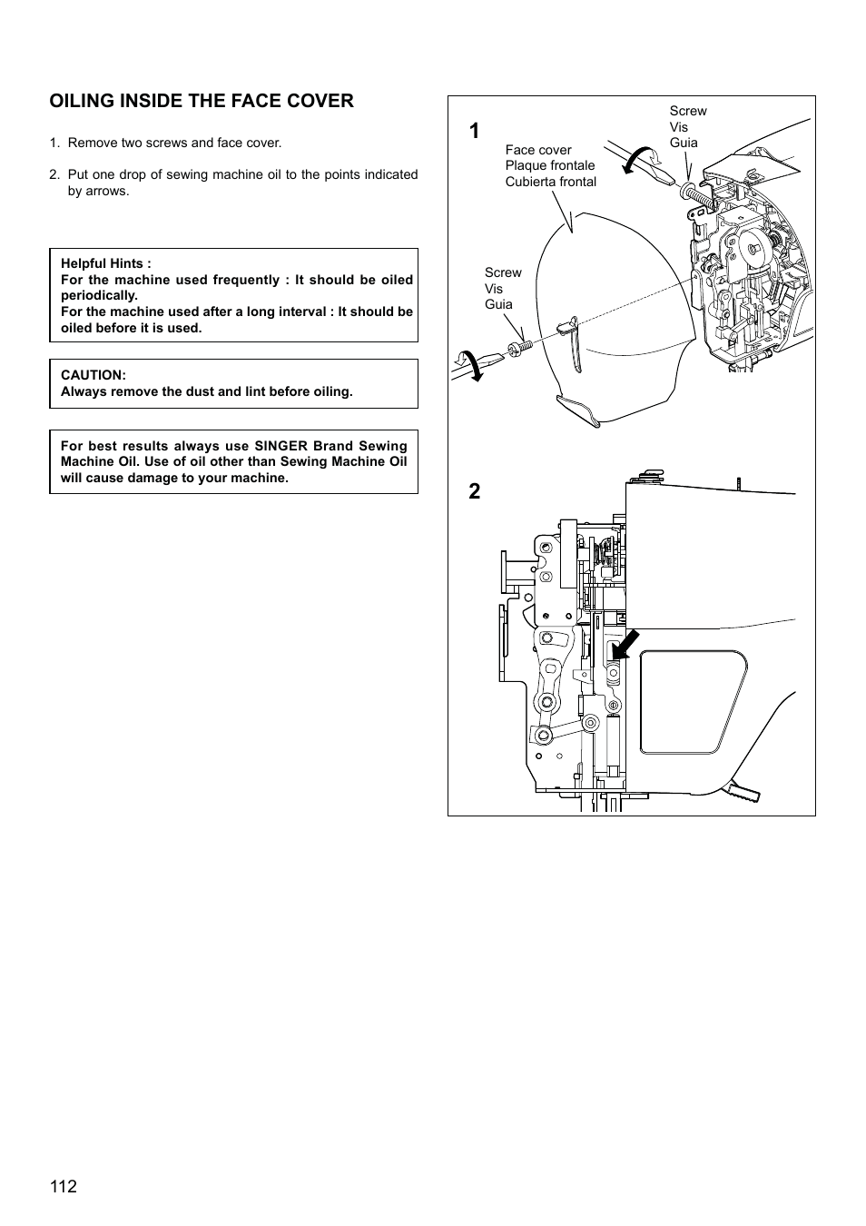 Oiling inside the face cover | SINGER XL-580 User Manual | Page 114 / 136