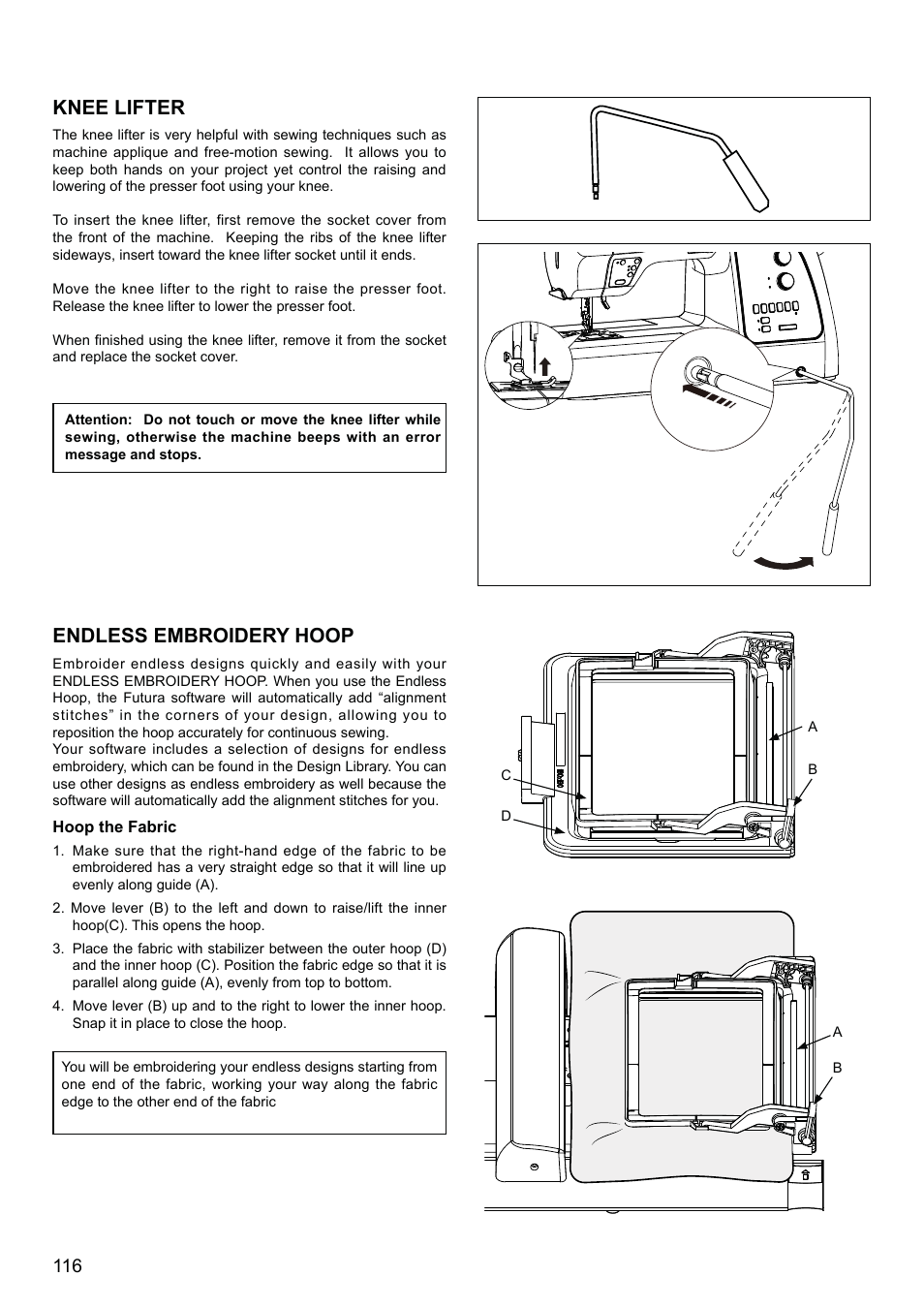 Knee lifter, Endless embroidery hoop | SINGER XL-580 User Manual | Page 118 / 136