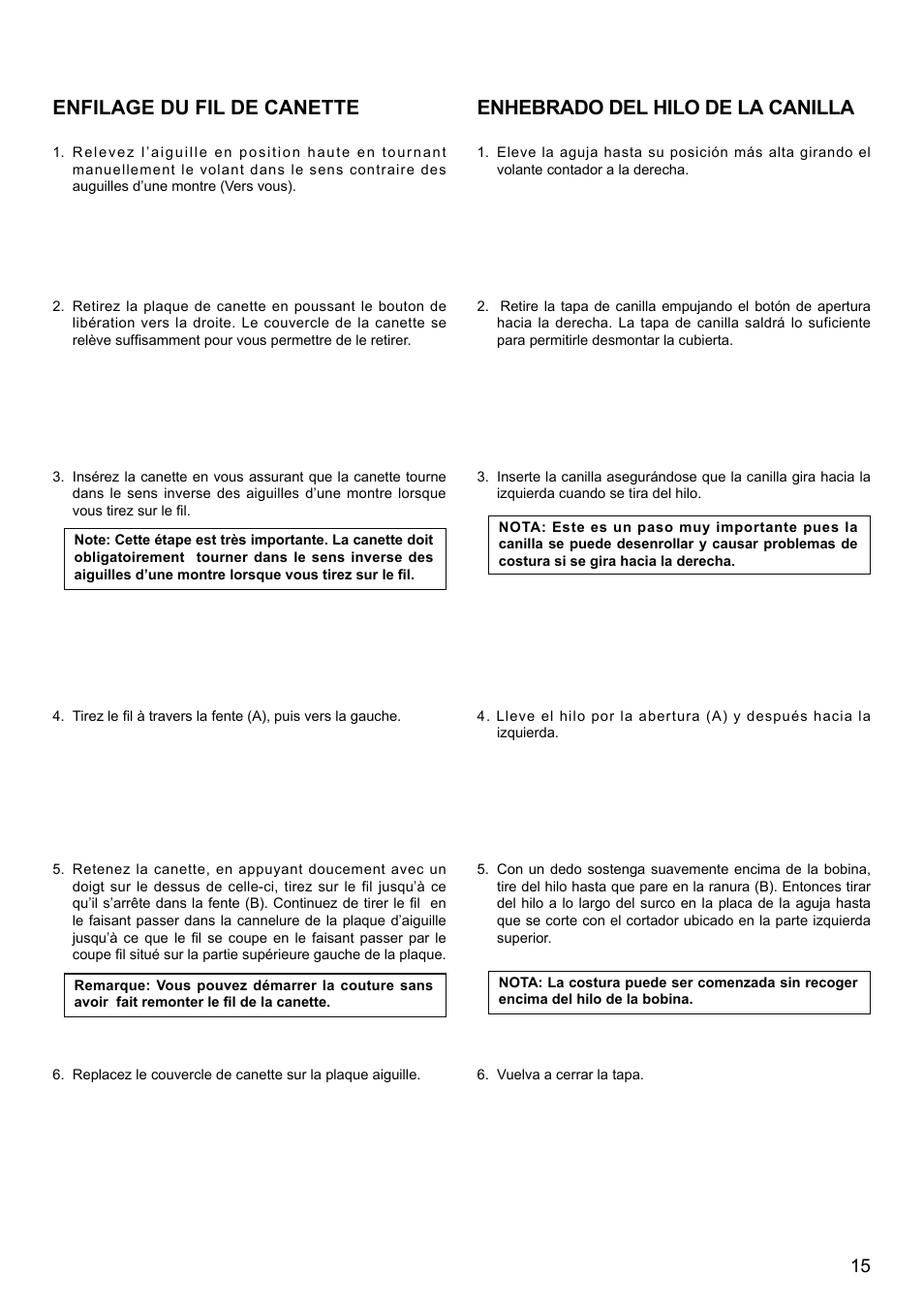 Enfilage du fil de canette, Enhebrado del hilo de la canilla | SINGER XL-580 User Manual | Page 17 / 136