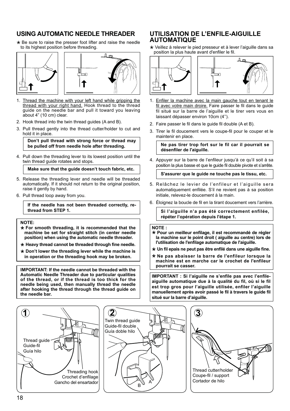 Utilisation de l’enfile-aiguille automatique, Using automatic needle threader | SINGER XL-580 User Manual | Page 20 / 136