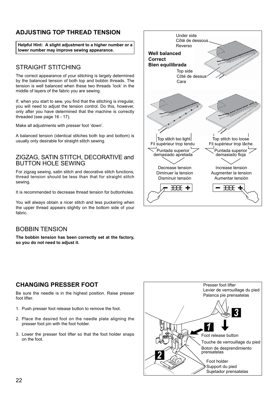 Changing presser foot, Adjusting top thread tension straight stitching, Bobbin tension | SINGER XL-580 User Manual | Page 24 / 136