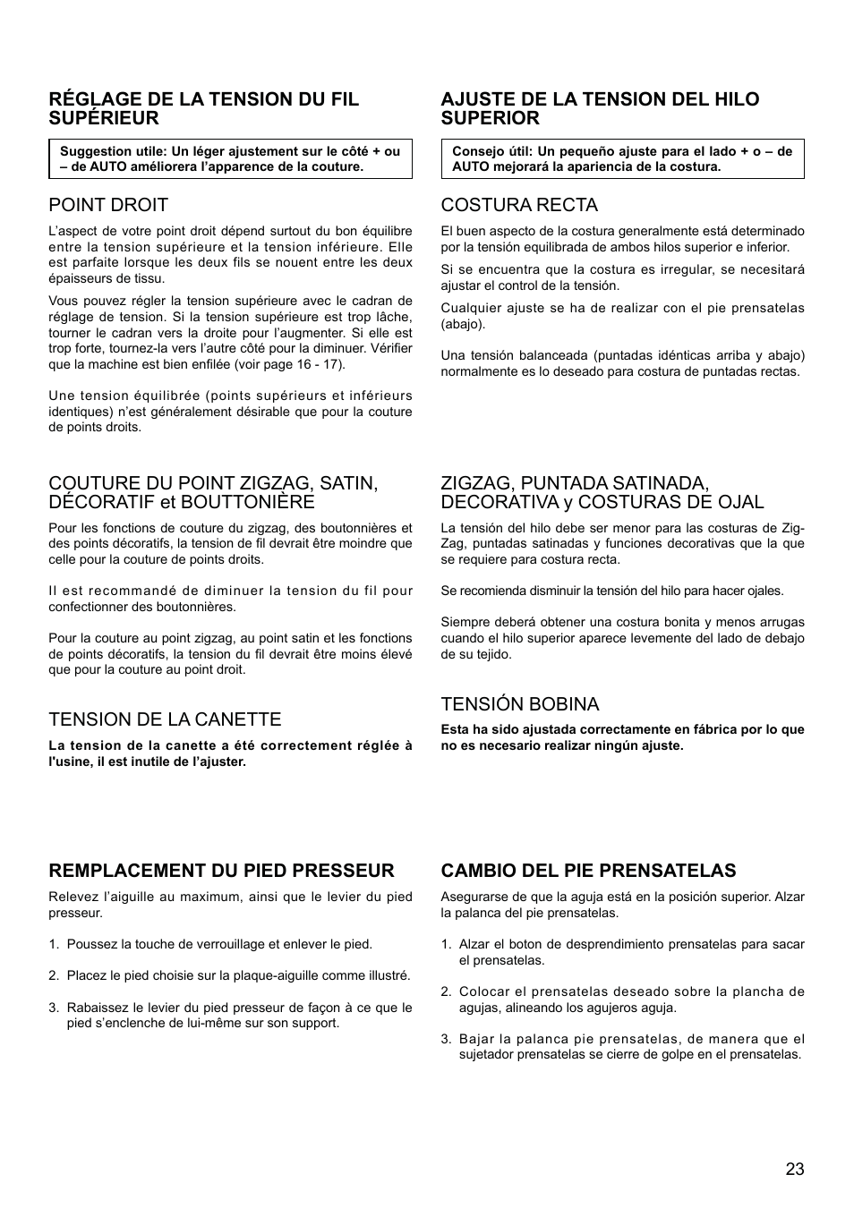 Réglage de la tension du fil supérieur, Ajuste de la tension del hilo superior, Point droit | Tension de la canette, Remplacement du pied presseur, Costura recta, Tensión bobina, Cambio del pie prensatelas | SINGER XL-580 User Manual | Page 25 / 136