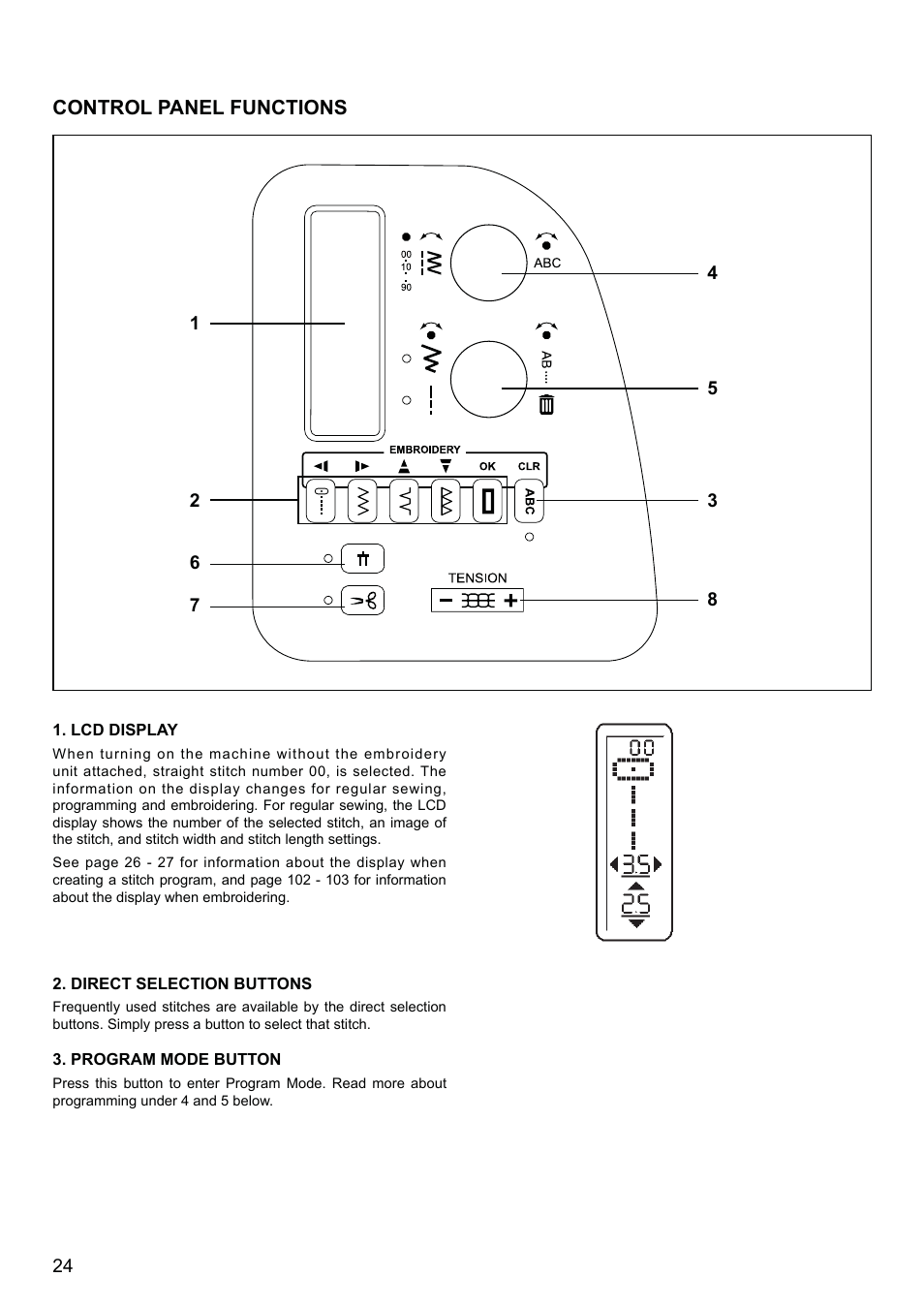 Control panel functions | SINGER XL-580 User Manual | Page 26 / 136