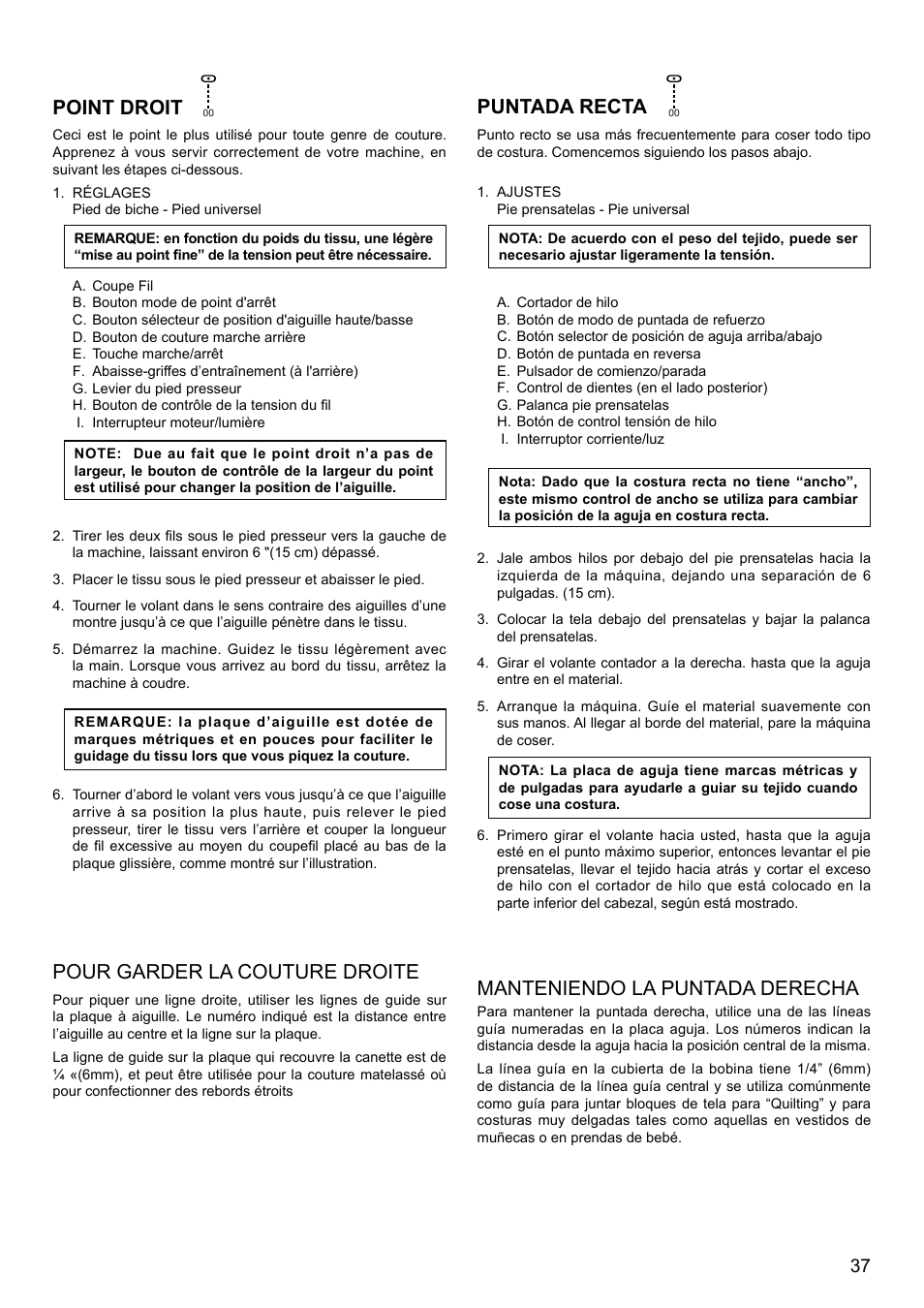 Point droit, Pour garder la couture droite, Puntada recta | Manteniendo la puntada derecha | SINGER XL-580 User Manual | Page 39 / 136