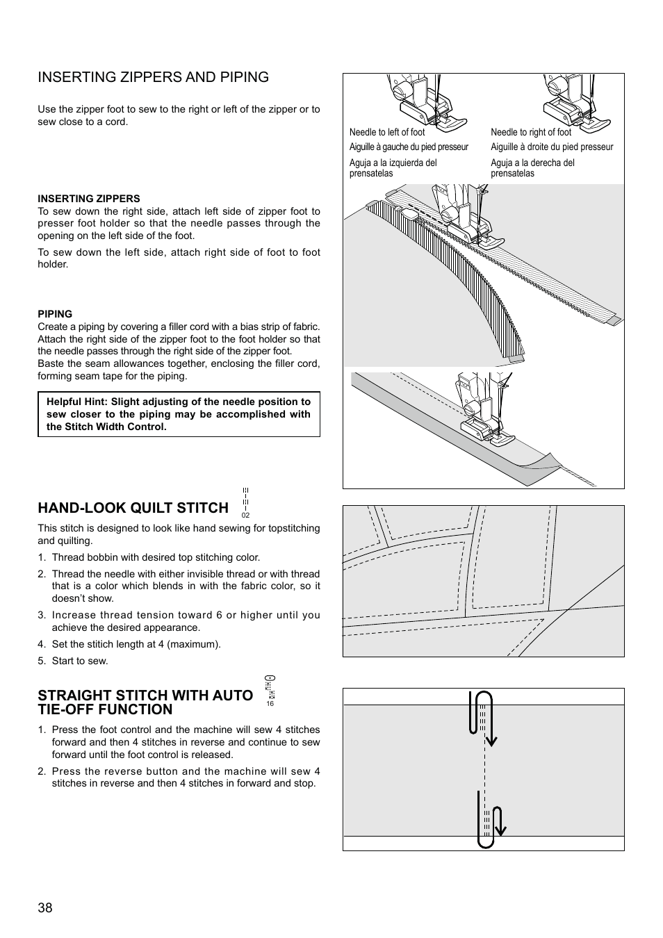 Inserting zippers and piping, Hand-look quilt stitch, Straight stitch with auto tie-off function | SINGER XL-580 User Manual | Page 40 / 136