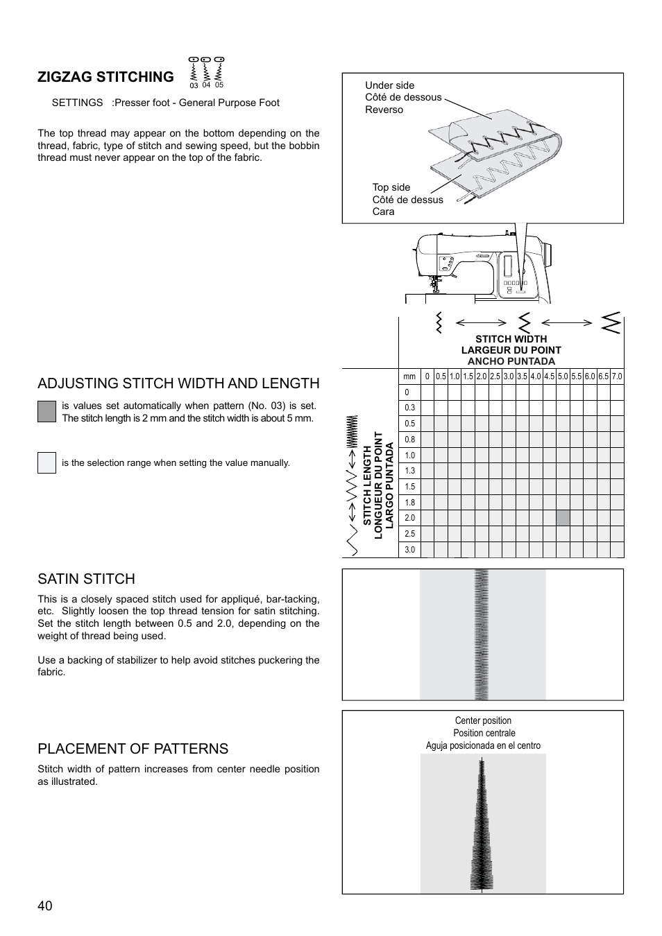 Zigzag stitching, Satin stitch | SINGER XL-580 User Manual | Page 42 / 136